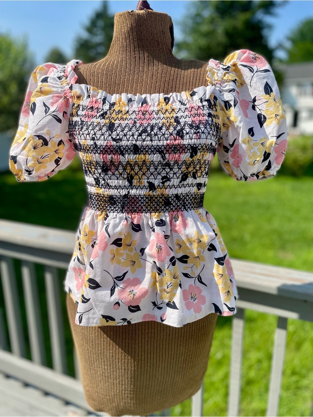 kate spade White Floral Smocked Peplum Top with Pink & Yellow Blooms